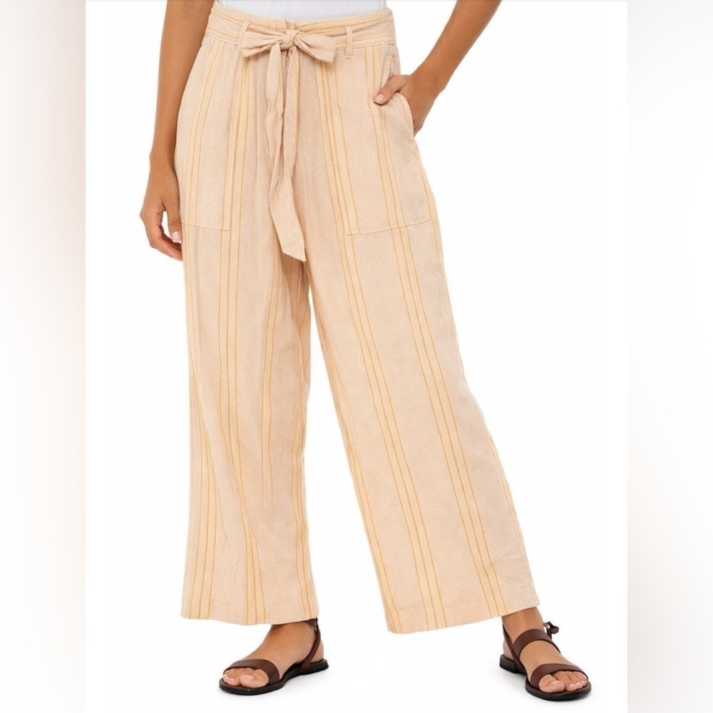 American Eagle CottonLinen Blend Wide Leg Elastic Waist Tan Striped Pants Sz MED
